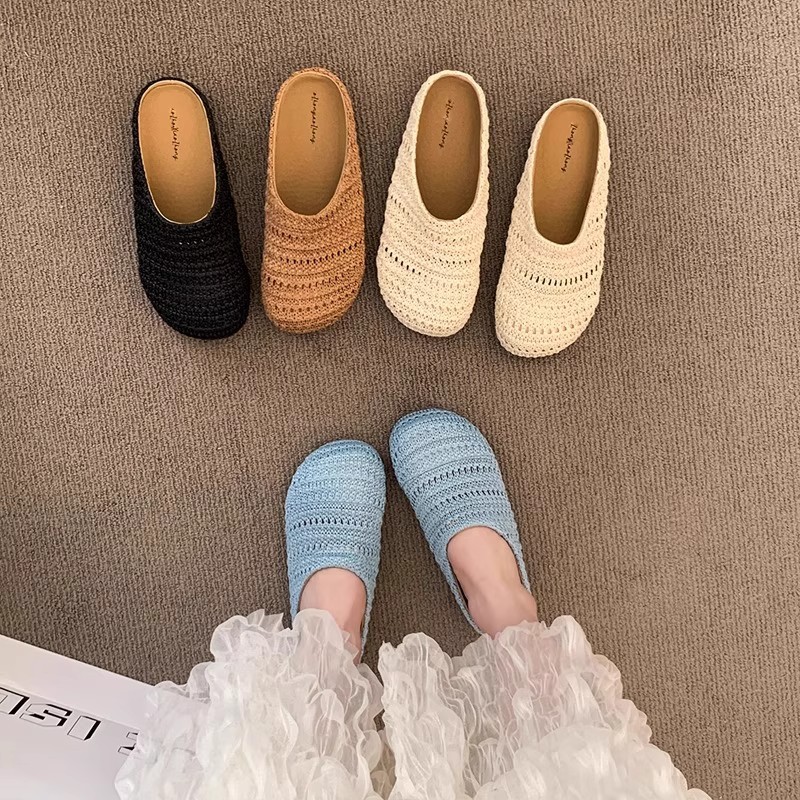 Slip On Mule Flat - Sandal Wanita Anyaman Rafia, Sandal Selop